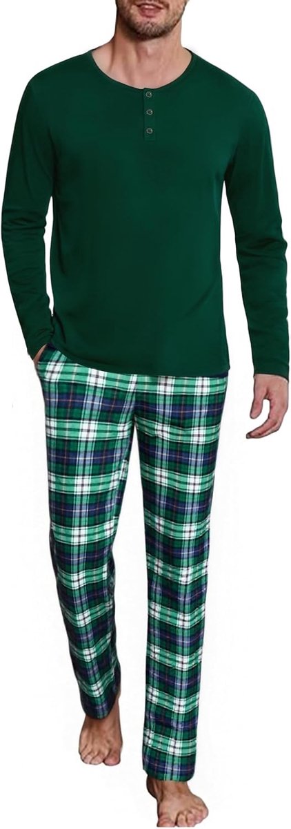Pyjama voor heren, lange geruite pyjamaset, tweedelige nachtkleding van katoen, ronde hals, lange mouwen, knoopsluiting, bovendeel en pyjamabroek, pyjama voor mannen