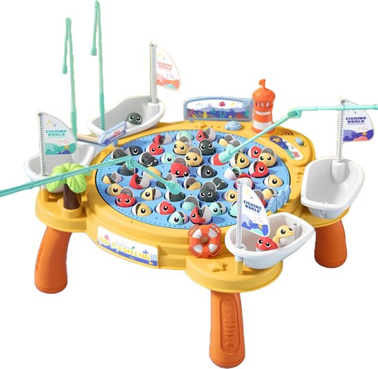 Geel visspel met kleurrijke visjes, bootjes en hengels.