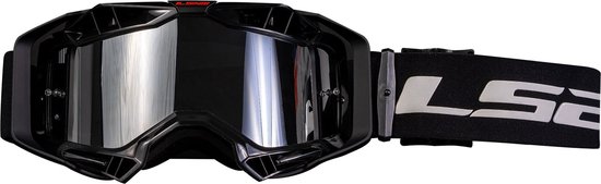 Lunettes de cross noires LS2 avec un viseur iridium réfléchissant et une sangle noire avec le logo LS2.