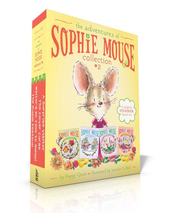 Boîte jaune contenant quatre livres de 'Les aventures de Sophie Mouse', collection #2, avec une illustration d'une souris et de fleurs. Les titres sont : 'La Fête de l'Érable', 'Pas le temps de dormir', 'La Malédiction du Trèfle' et 'Une Visite Surprise'. Écrit par Poppy Green, illustré par Jennifer A. Bell.