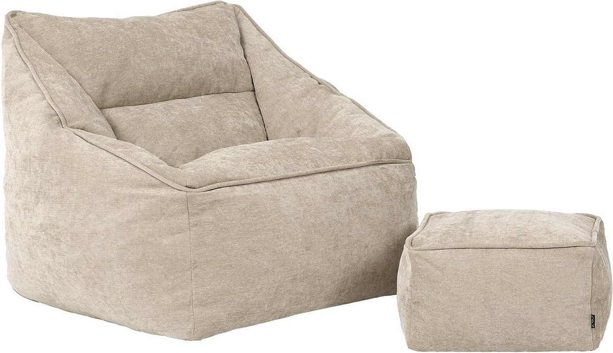 Zitzak Fauteuil - Zitstoel met Hocker - Ontspannen Zitten - Zachte Chenille Stof - 88 x 100 x 80 cm