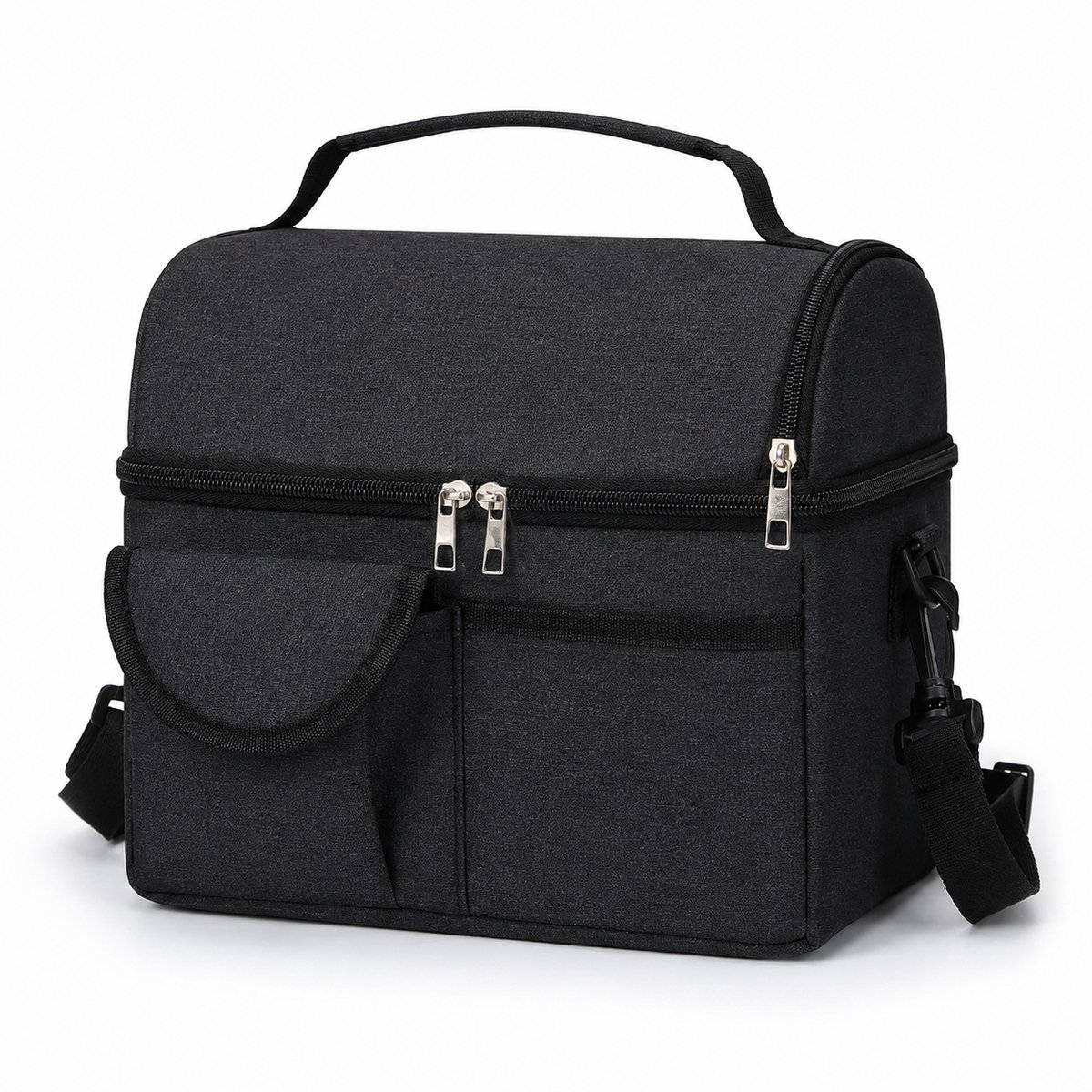 Koeltas - 10L - 26x17x24 cm-Geïsoleerde Lunchtas met Twee Vakken en Verstelbare Schouderriem - Thermos Voedseltas voor Werk, School en Picknick - Zwart -Zwart