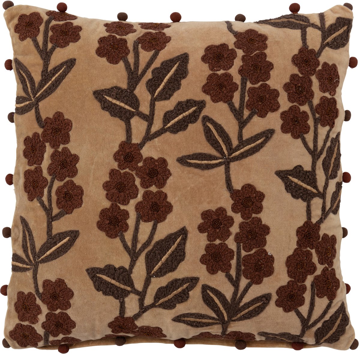 J-Line kussen Bloemen + Bladeren Vierkant - katoen - camel/bruin