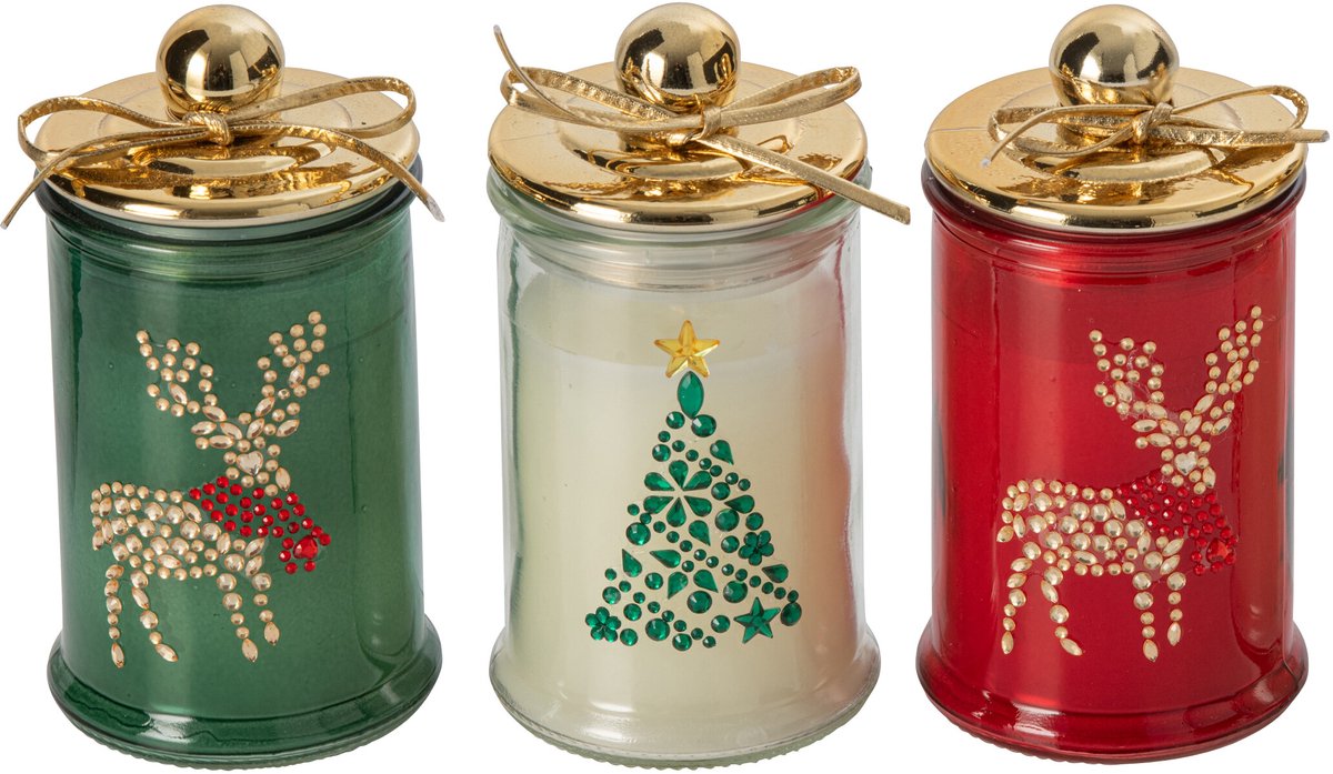 J-Line Kerstkaars - glas - multikleur - assortiment van 3