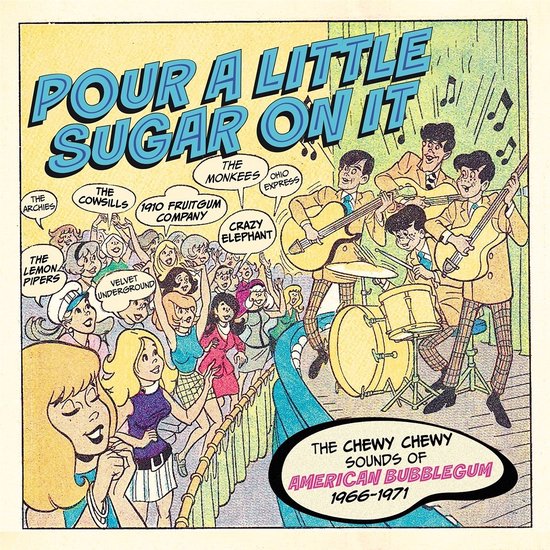 Albumhoes met de titel 'Pour a Little Sugar On It' met een cartoonband, luisteraars en bandnamen.