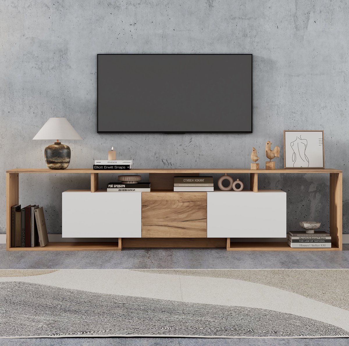FloraGrace Dressoir - TV-Meubel Lowboard Met 2 Klepdeuren En 3 Open Vakken - Voor Woonkamer - Spaanplaat - 180x30x49 Cm - Wit Naturel