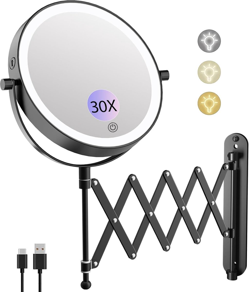Thijox - Oplaadbare Cosmeticaspiegel met 1x/30x Vergroting, 4000 mAh, 3 Kleuren Verlichting, 360° Draaibaar, Verlengde Arm Wandspiegel voor Badkamer e