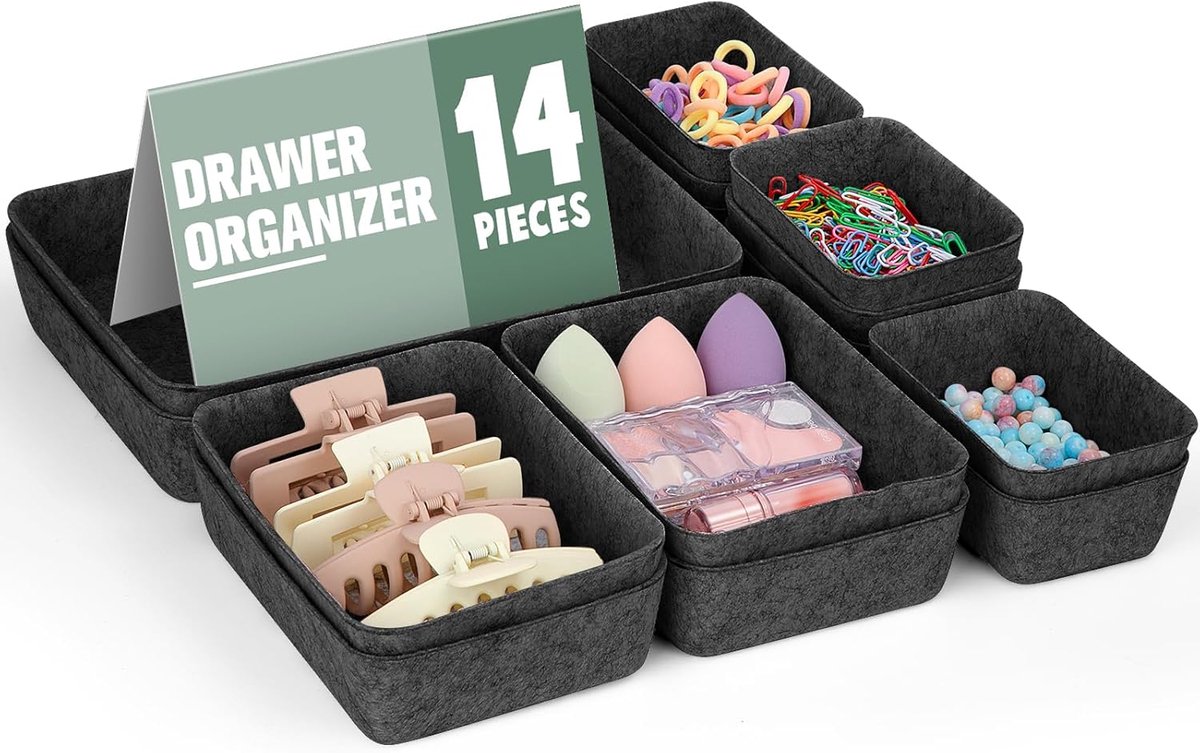 Thijox - 14-delige lade-organizers set van vilt, donkergrijs, schuiflade-inzetstukken voor kantoor, make-uptafel, bureau, opbergsysteem, organizer voo