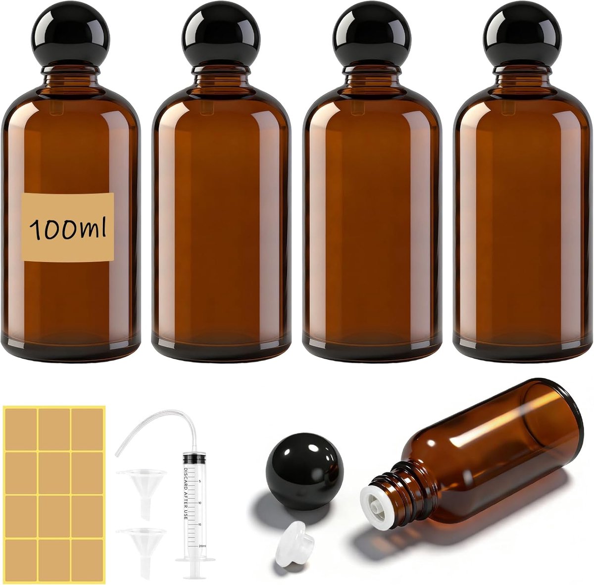 SnelShoppen - 5 Stuks Bruine Glazen Flessen 100ml, Navulbare Essentiële Olie Flessen met S