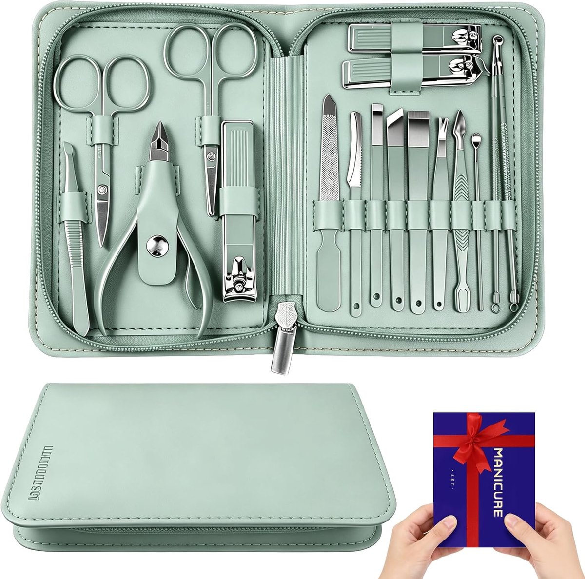 Thijox - 17-in-1 Nagelverzorgingsset, Roestvrij Staal Nagelknipper, Manicure en Pedicure Set, Draagbaar Etui, Groen, Voor Dames en Heren, Thuis en Op