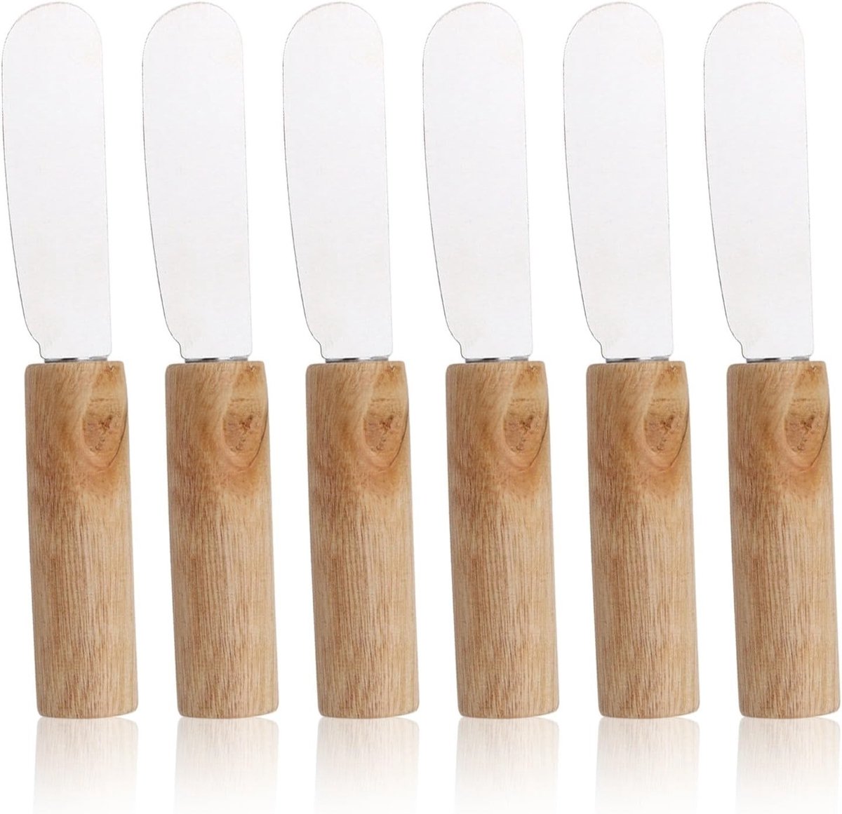 Set van 6 RVS Botermessen en Kaasmessen met Houten Handvat voor Jam, Brood en Dessert