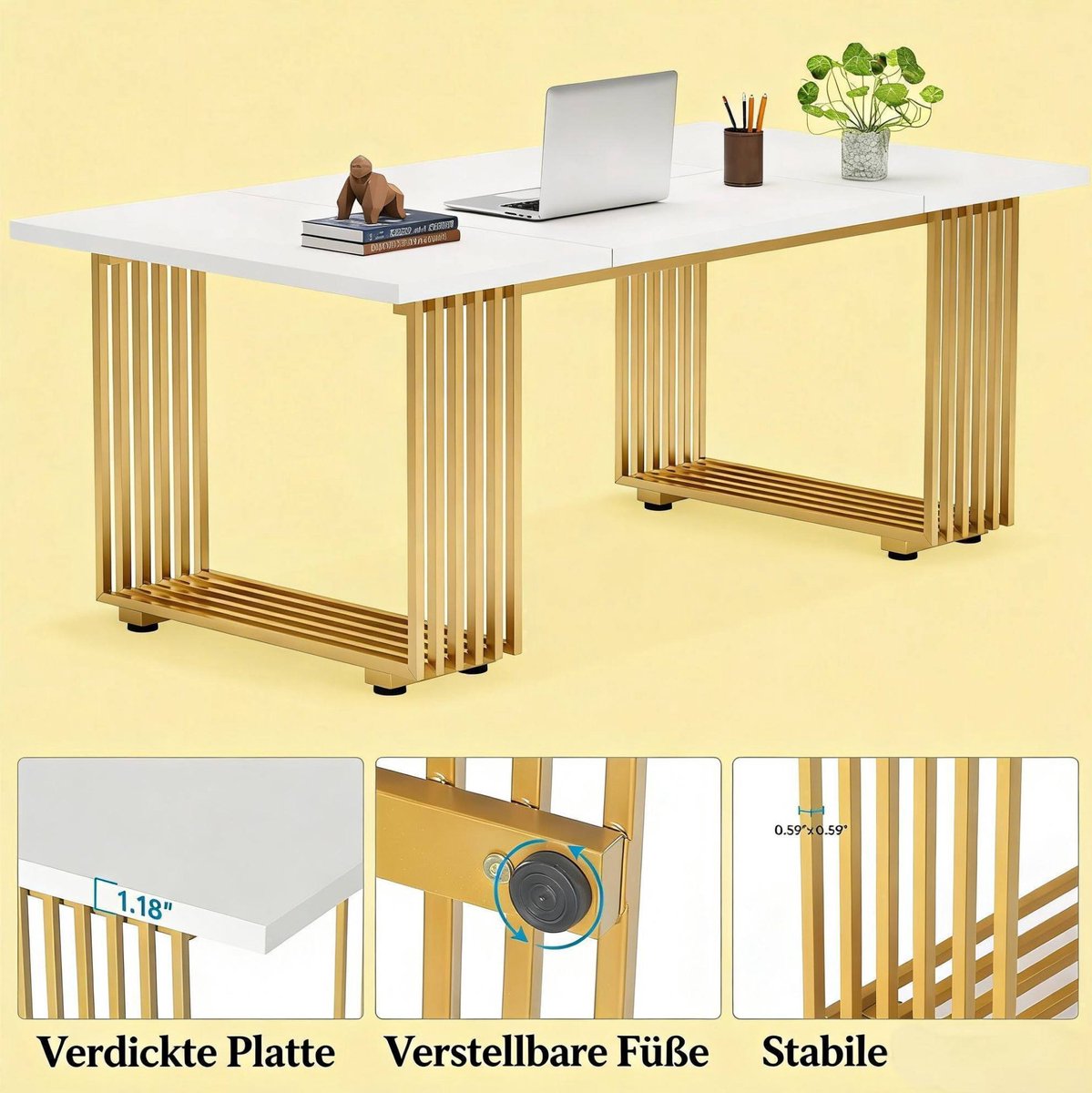 MIVRAY Bureau - Ruim Directiebureau Met Groot Werkblad - Voor Kantoor En Thuiswerkplek - Hout En Metaal - 180x79x79 Cm - Wit Goud