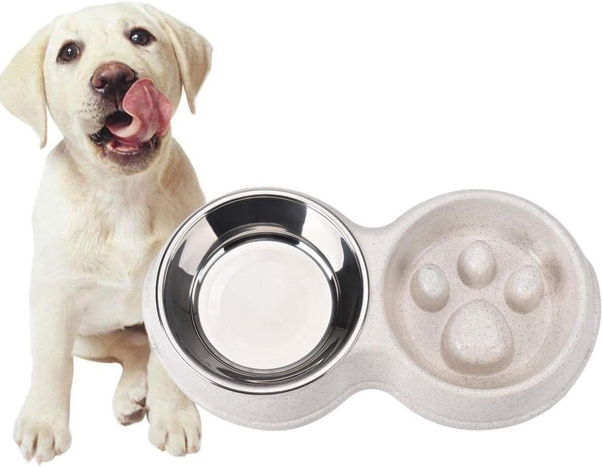 Honden Voerbak - Dubbele Kom - Langzaam Eten - Antislip Bodem - 32cm - Wit