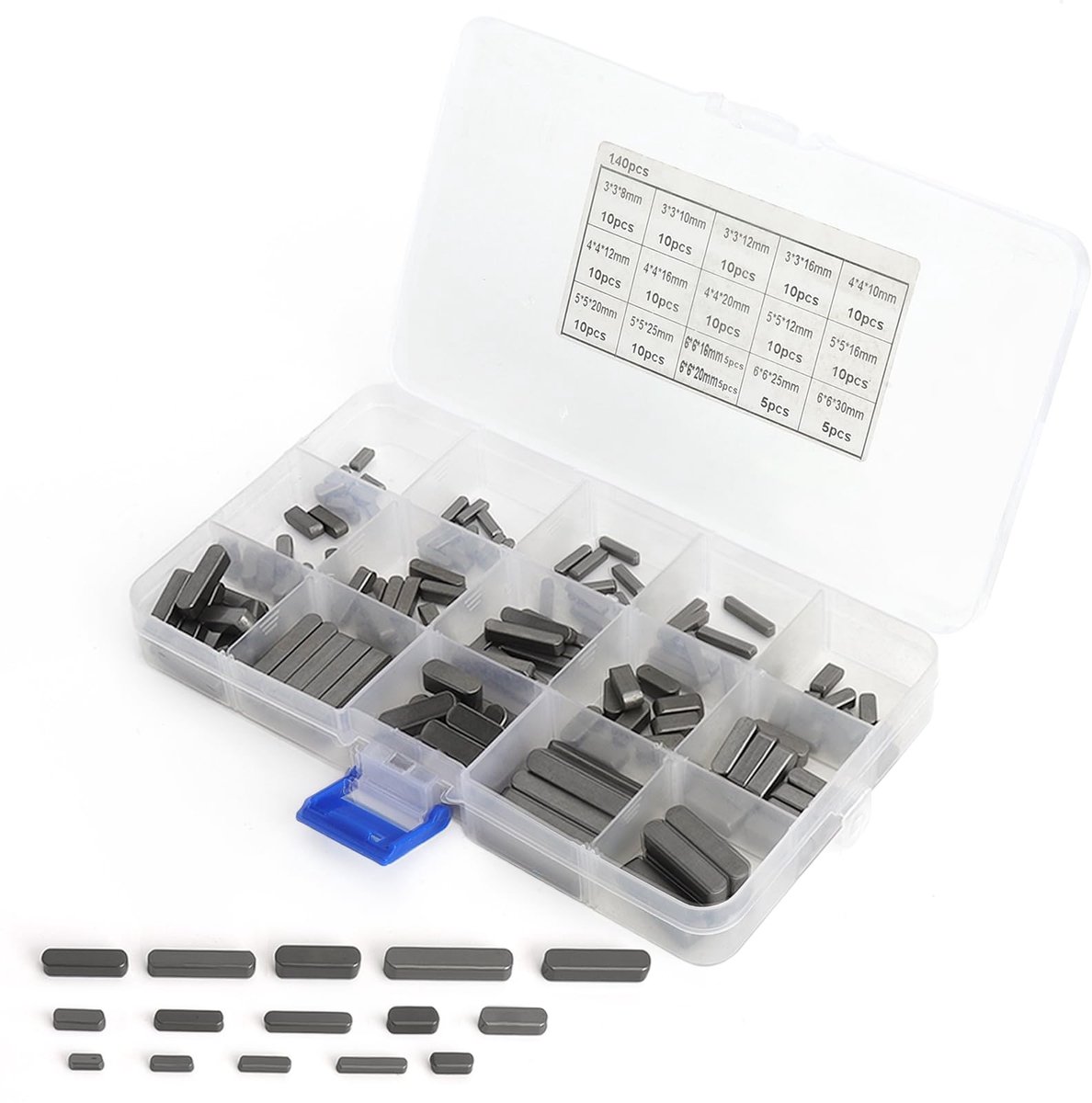 assortiment van 140 stuks, paspoorten, assortiment 3/4/5/6 mm parallelle aandrijvingssleutel, veersleutel, meeneemwigset met opbergdoos, vliegwiel, riemschijf, krukassen kit