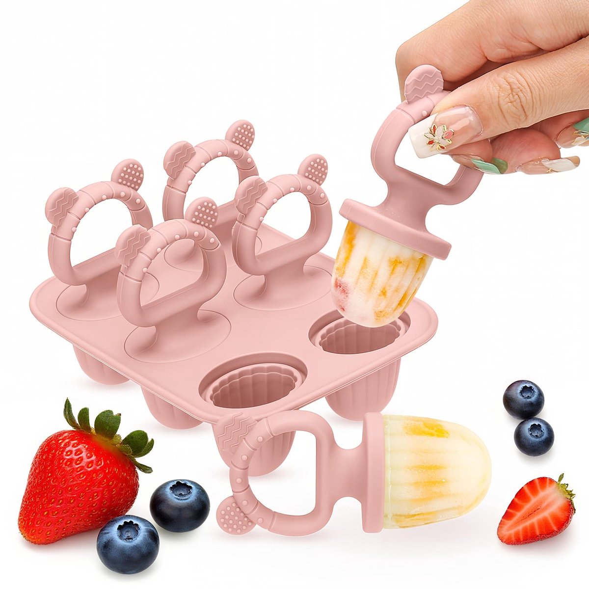 6 vormen voor baby's, siliconen ijsvormen voor kinderen, bevat 6 stokjes, BPA-vrij, geschikt voor levensmiddelen, gemakkelijk te reinigen, ideaal voor fruitpuree en moedermelk (roze)