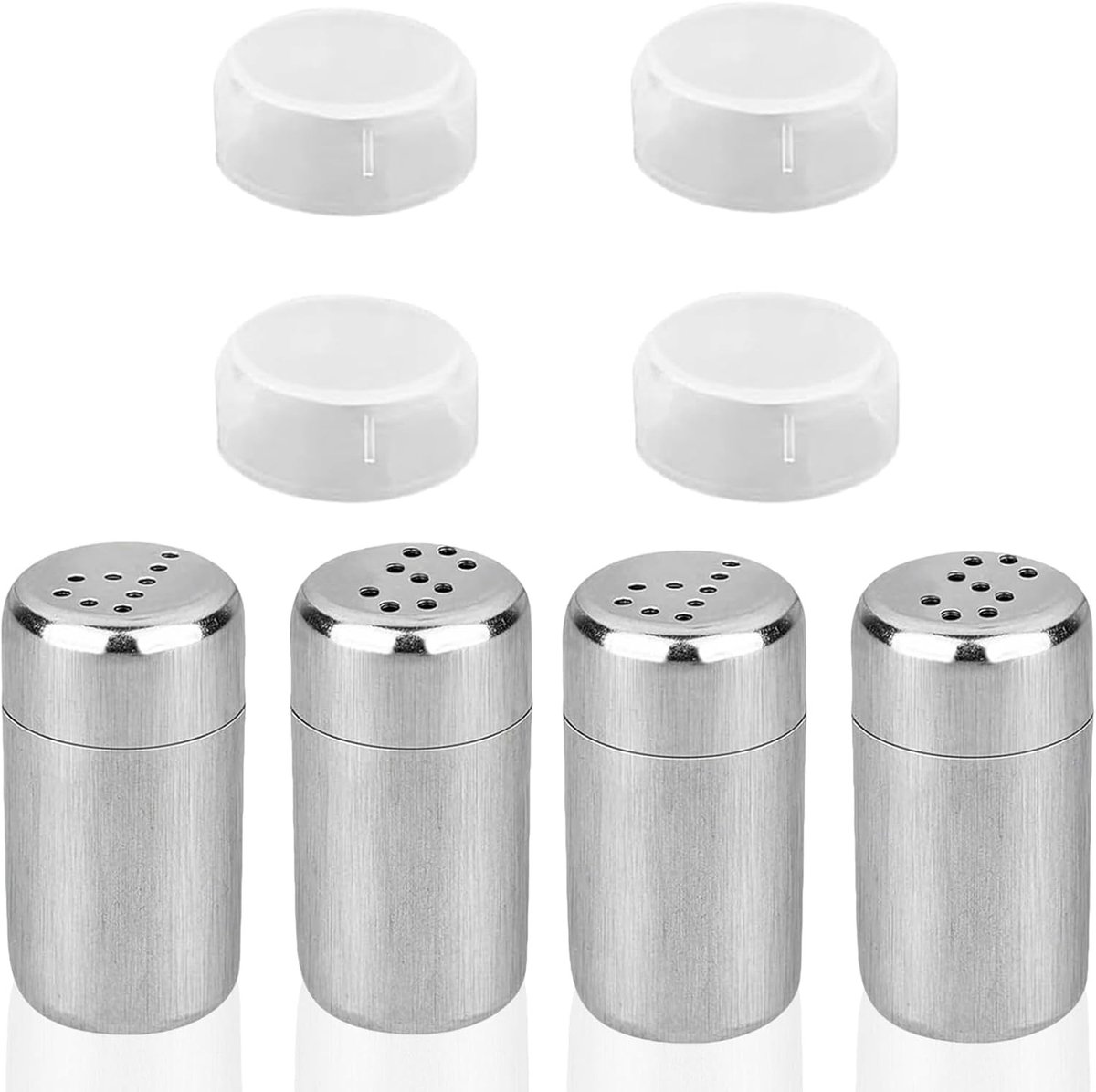 Set van 4 Kleine Mini Zout- en Specerijflessen van RVS met Gaten voor Los Poeder, Ideaal voor Buiten, Picknicks en Keukengebruik