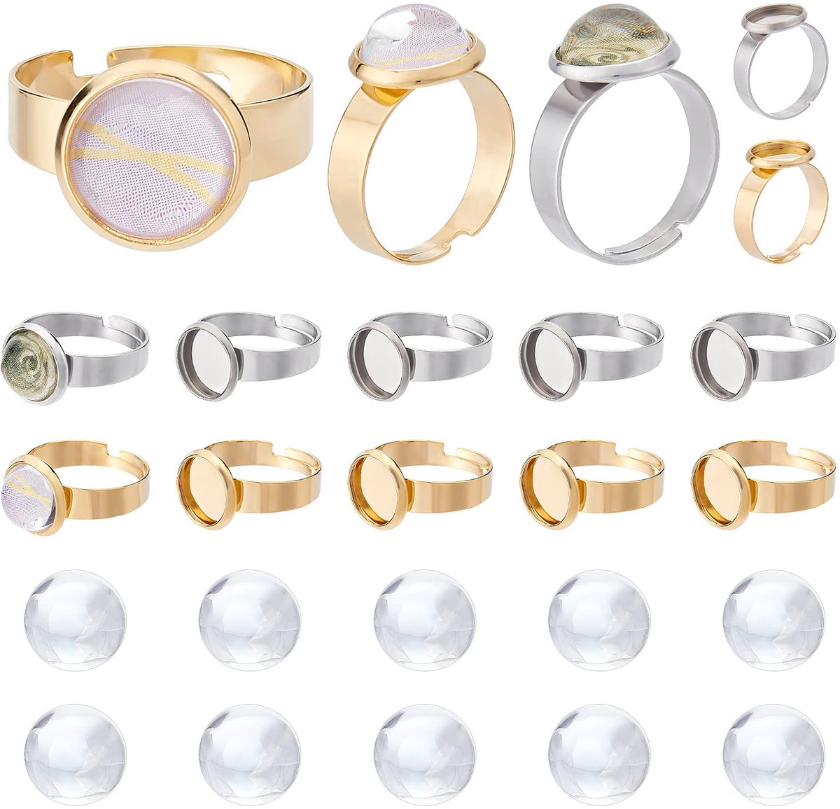 1 Doos 40Pcs DIY 20 Sets Verstelbare Rvs Ring Base Helder Glas Cabochon Instellingen Voor Sieraden Maken Vinger Ringen Blanks Componenten Ring Maken Kit Volwassen Craft Supply Gemengde Kleur