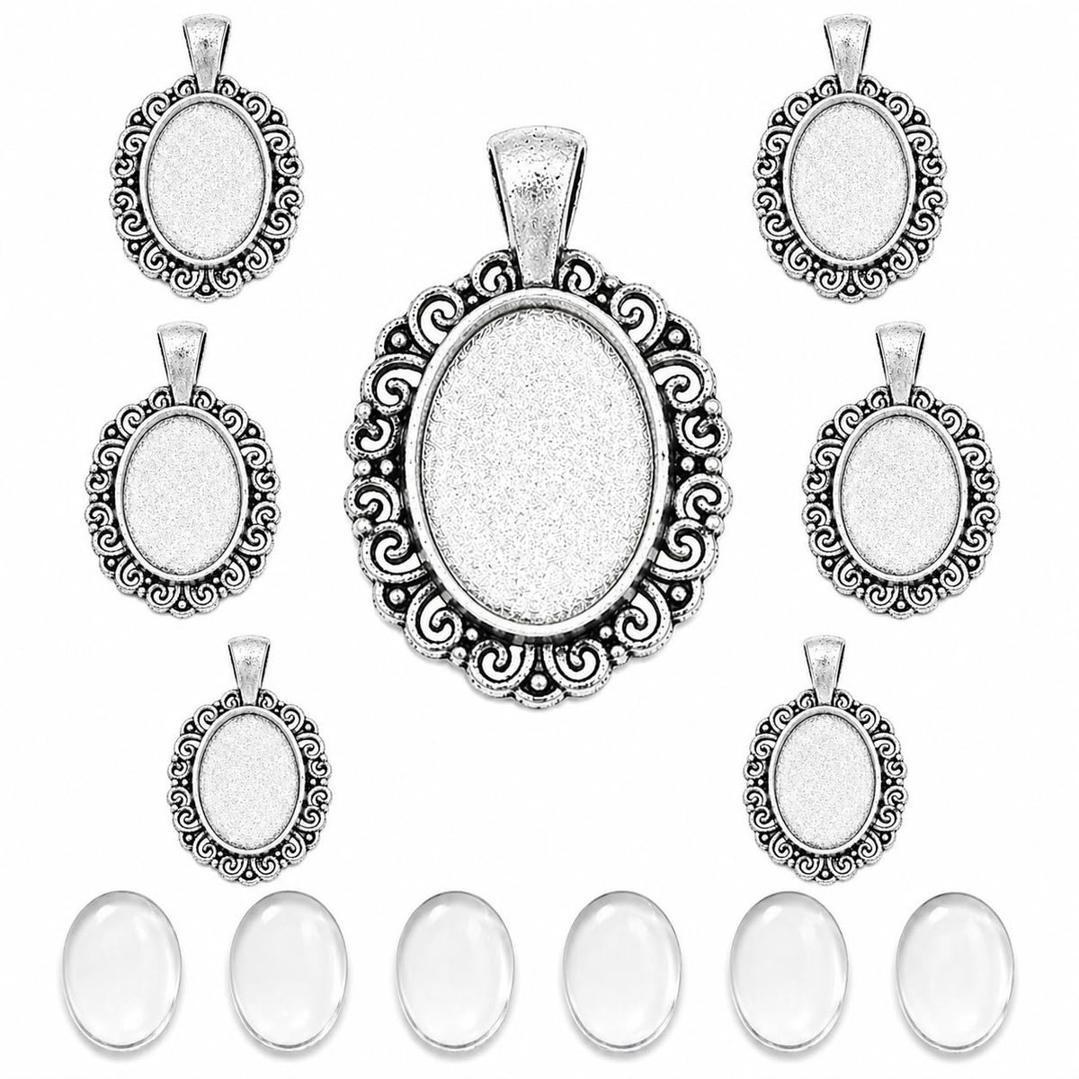 Set van 6 filigraan medaillons, metalen hangers, fittingen en 18 x 13 mm, ovaal, helder glas, cabochon, in zilver en bronskleur, frame super optiek, knutselset