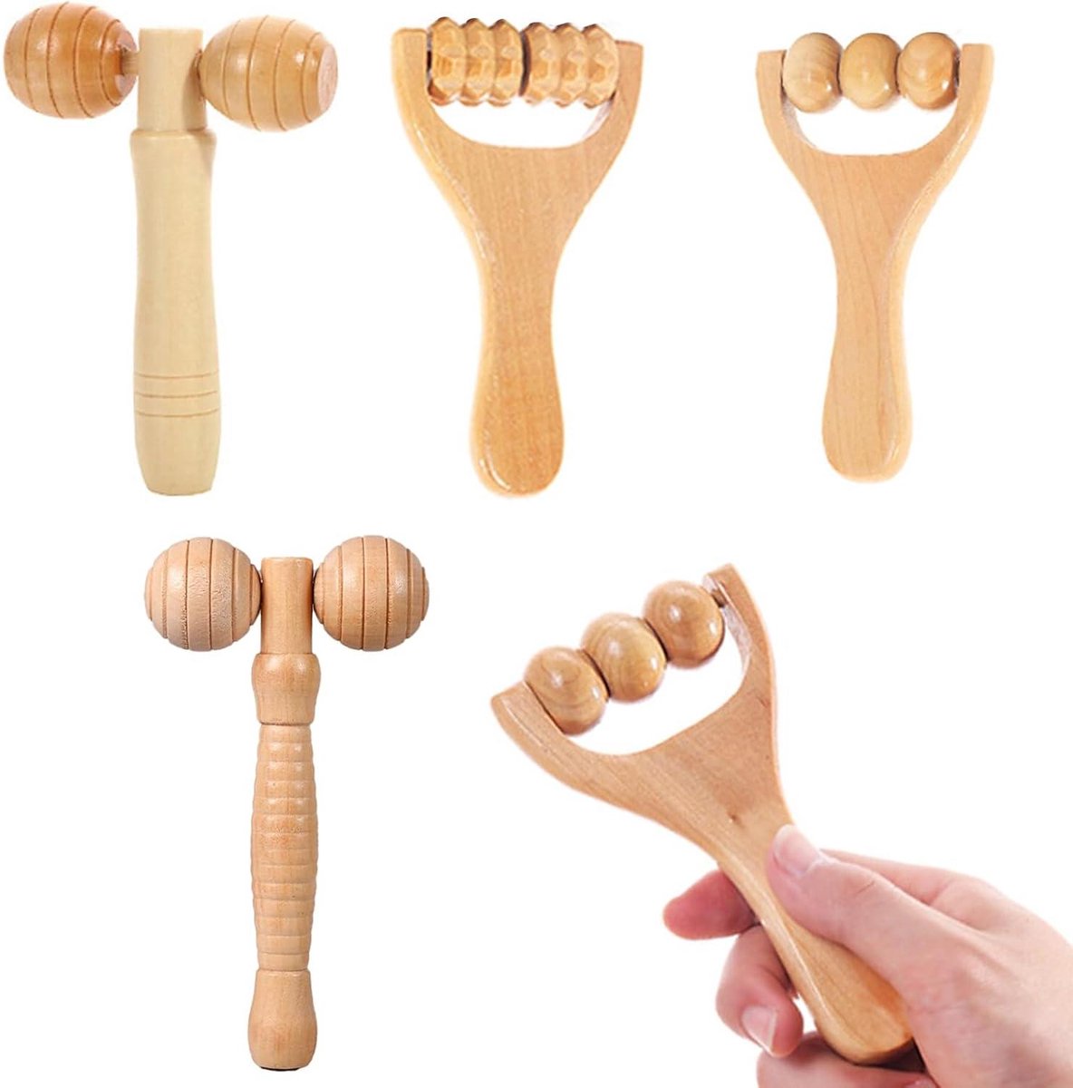 Massageset Hout - Maderotherapie Tools - Spierontspanning Lichaam - Set van 4 - 260 gram - Houtkleur