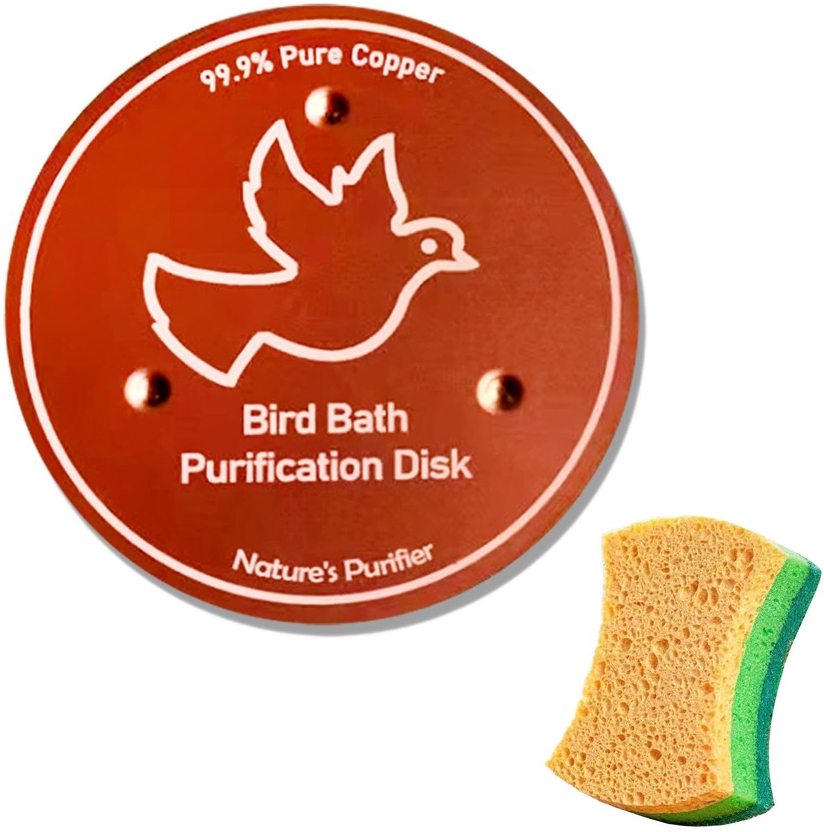 Dailygoods- Reinigingsschijf 99,9% puur koper - Antislip Spons - Drievoudige Puntenhouder - Geschikt voor Vogelschalen - Effectieve Waterreiniging - 10 cm Diameter - Vogelfontein