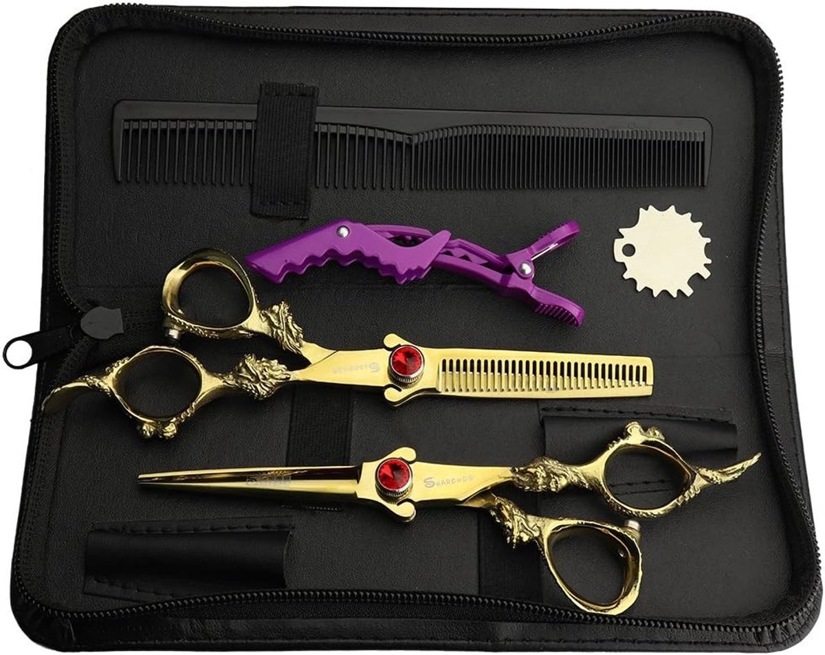 Professionele Haar Schaar Set met Verjongen Scharen en Leren Hoes - 5.5 Inch en 6 Inch Kappersschaar voor Precisie en Comfort