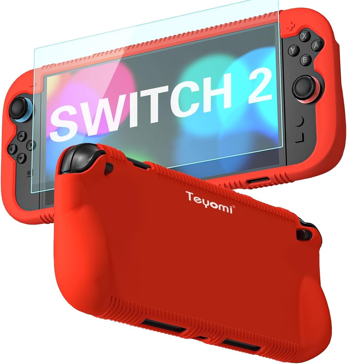 Schokbestendige Silicone Hoes voor Nintendo Switch 2 met Ergonomische Grip en Tempered Glass Screen Protector, Rood