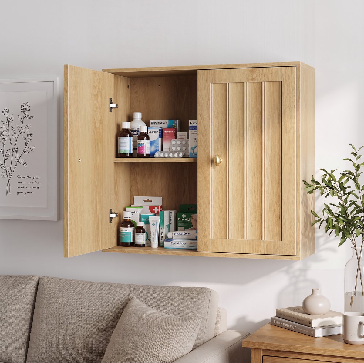 FloraGrace Wandkast - Badkamerkast Met 2 Deuren En Verticale Groeven - Voor Badkamer, Toilet En Hal - MDF En Spaanplaat - Eiken - 61,5x20x56 Cm