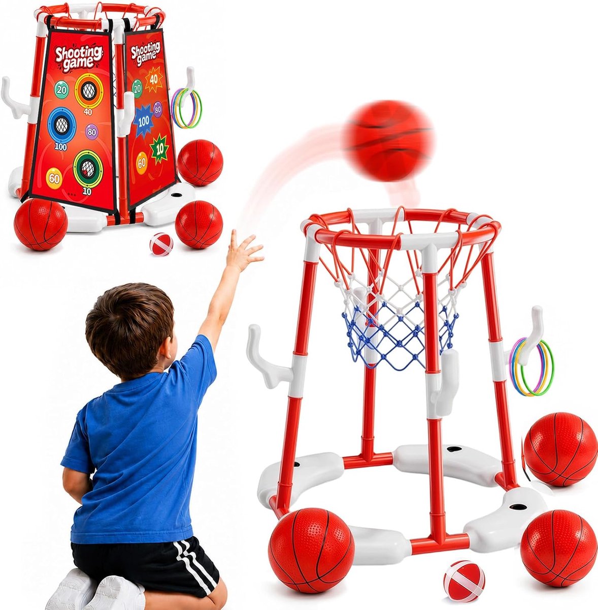Thijox - 3-in-1 Drijvende Basketbalmand voor Buiten, Zwembadspeelgoed met 4 Basketballen, 12 Worpballen en 12 Ringen, Perfect voor Kinderen en Volwass