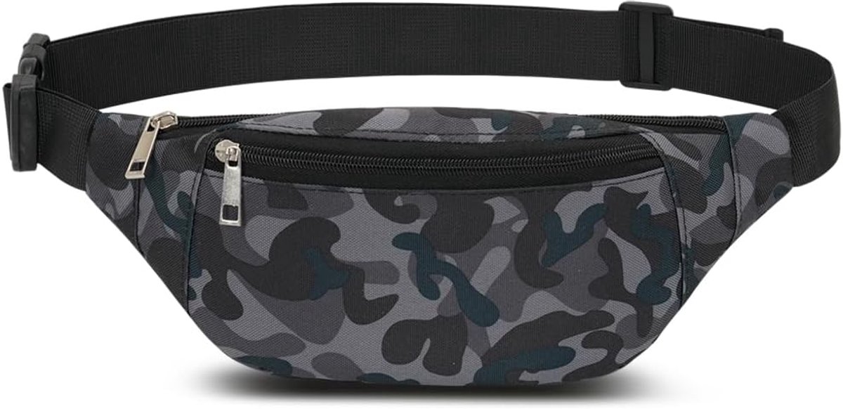 SnelShoppen - Waist Bag Running Belt Unisex Waterdichte Heuptas Rugzak voor Sport, Fietsen, Gym, Hiking, Kamperen, Zwart Camouflage, Verstelbaar en Li