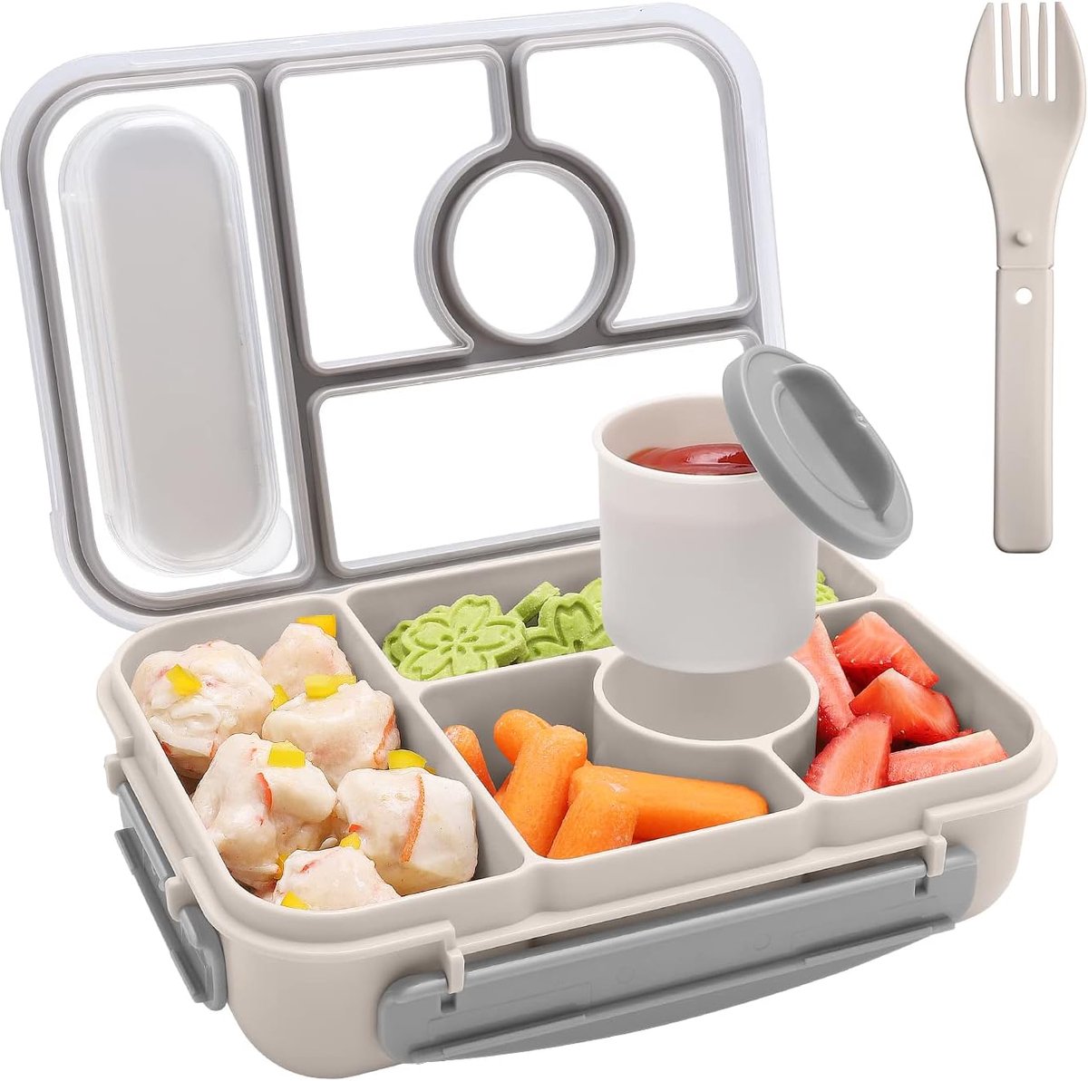 Thijox - Lunchbox 1300ML voor Volwassenen en Kinderen, Lekvrije Bento Box met 5 Vakken en Sausdoos, Herbruikbare Snackbox en Sandwichbox in Wit voor T