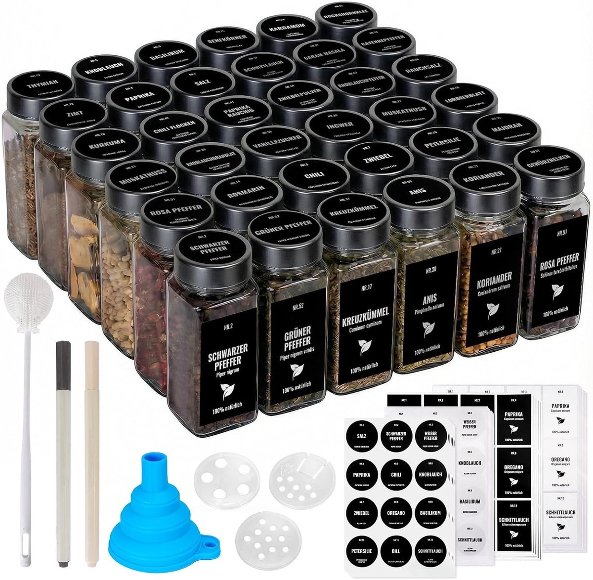 Set van 36 Kruidenspotjes van Glas met Draaidop, Labels, Trechter en Penseel voor Zout, Su