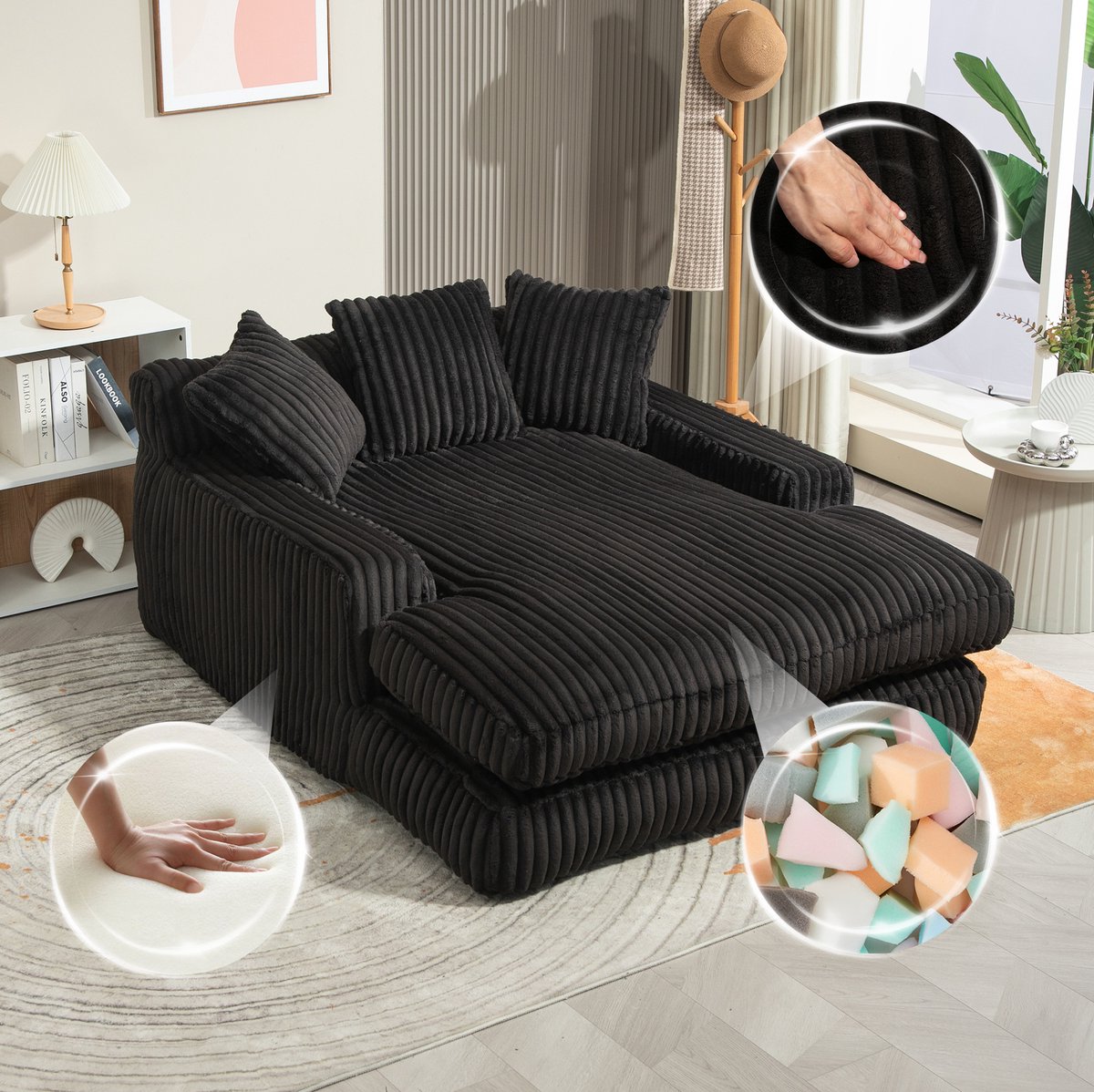 DESMIU Chaise Longue 125 x 155 x 63 cm - 1-Zits Slaapsofa Met 3 Kussens En Zonder Montage - Voor Woonkamer En Kantoor - Ribstof Zwart