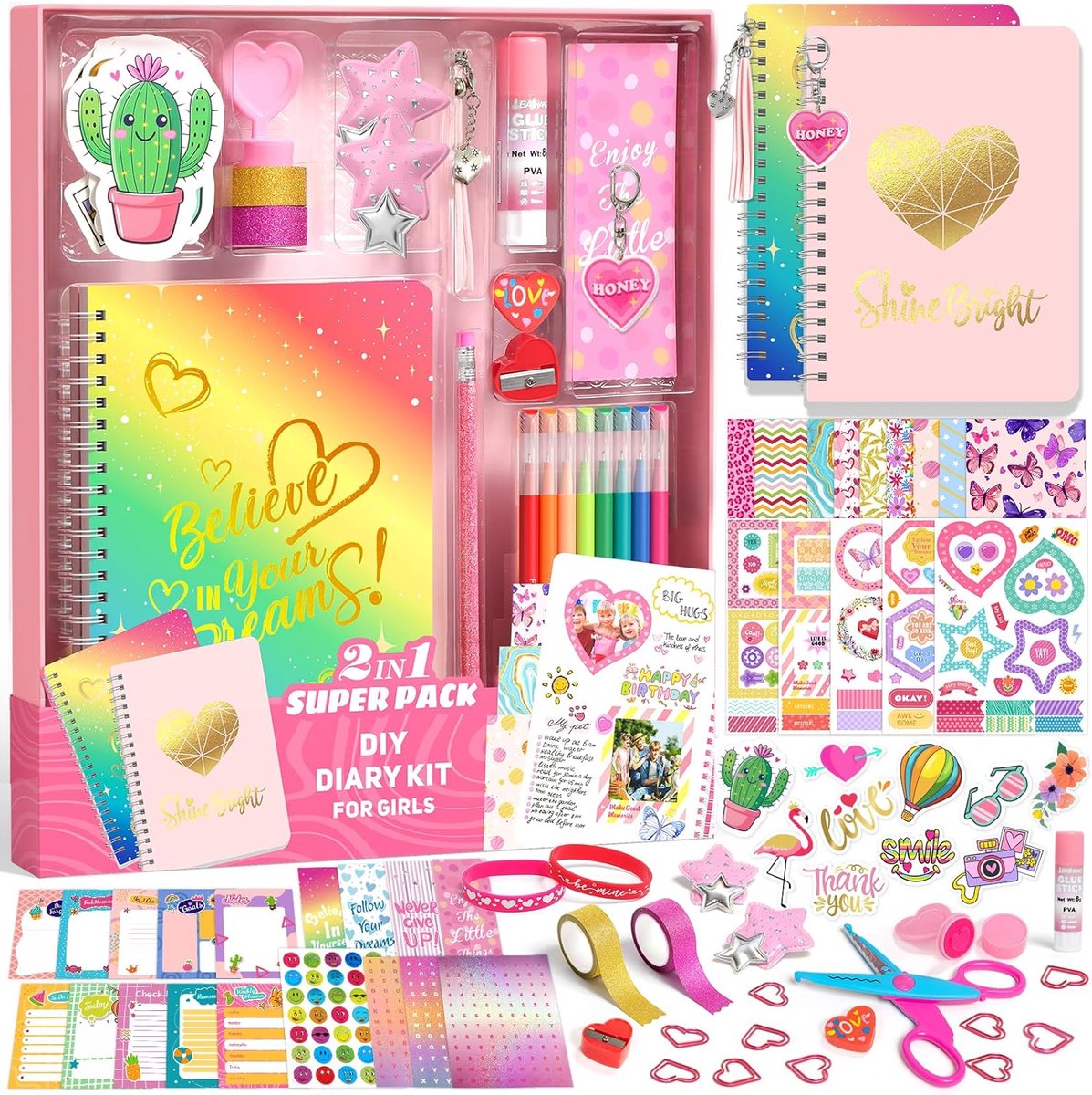 SnelShoppen - 2 Pack DIY Journal Set voor Kinderen, A5 Notitieboek en Scrapbook Benodigdheden, Creatieve Scrapbooking Kit voor Meisjes van 6-12 Jaar,