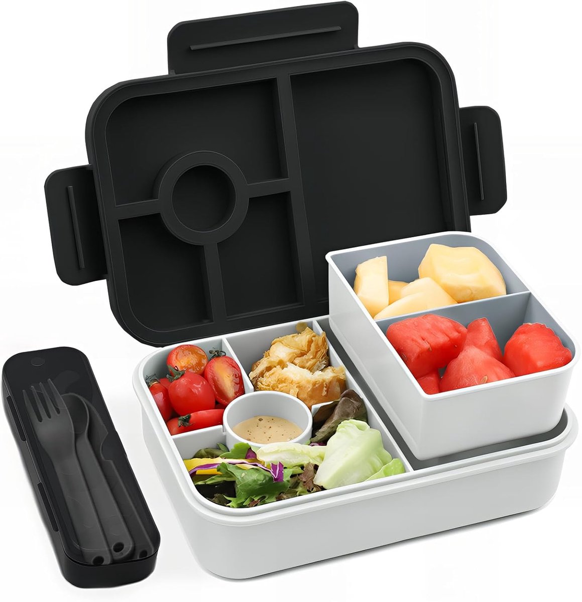 Thijox - Lunchbox Kind Met Compartimenten 1300ML, Lekvrije Bento Broodtrommel Met Bestekset, Microwavable Lunch Box Voor School, Meisjes & Jongens, Zw