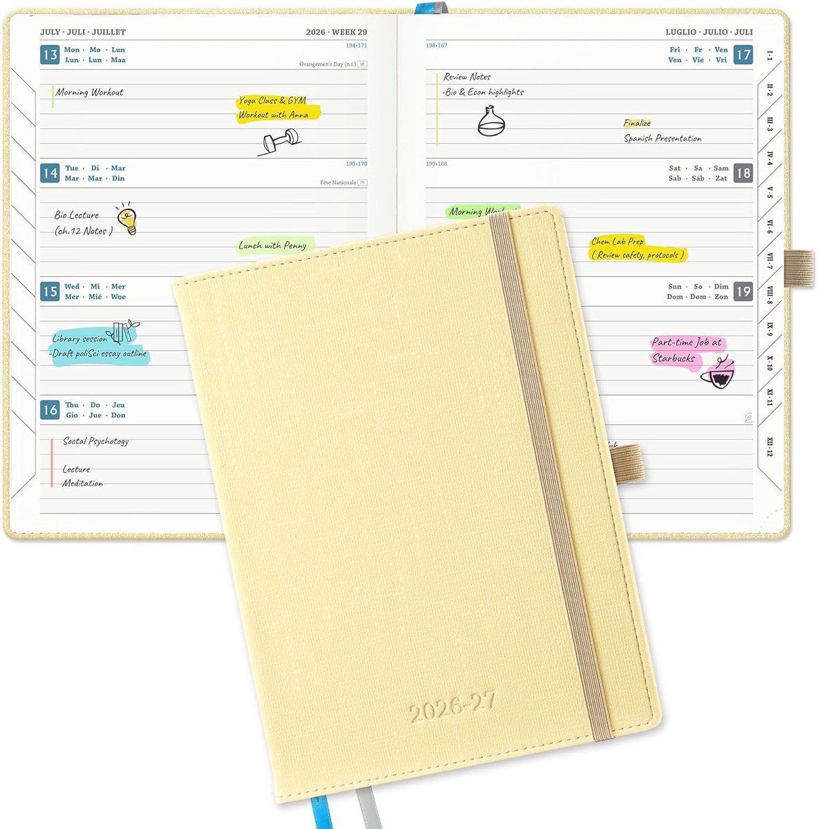 Thijox - Agenda 2026 2027 Weekagenda A5 Luxe PU-Leren Kaft Geel - 18 Maanden Horizontale Weekplanner met Dubbele Pagina's - Schoolagenda voor Organisa