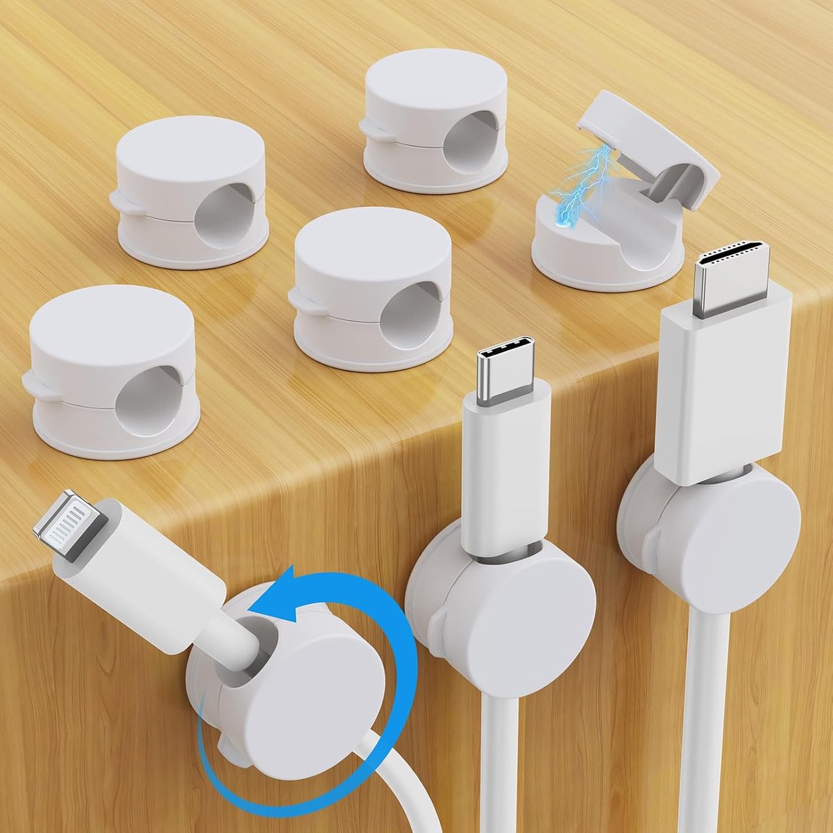 Thijox - Set van 8 Magnetische Kabelclips - 360° Draaibare Snoerhouders - Zelfklevende Draadbeheer voor Bureaus, Nachtkastjes, Oplaadkabels, USB-kabel