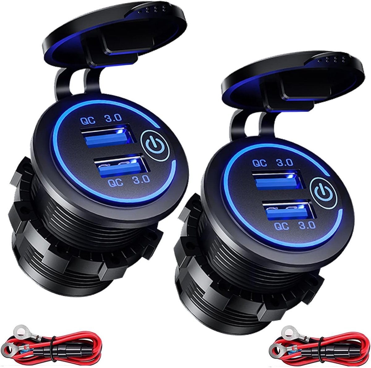 SnelShoppen - 2 Stuks Intckwan 2-poorts USB Lader voor Auto, QC 3.0 36W Snelle Lading met Schakelaar, Blauwe LED, Waterdicht en Stofdicht voor 12V~24V