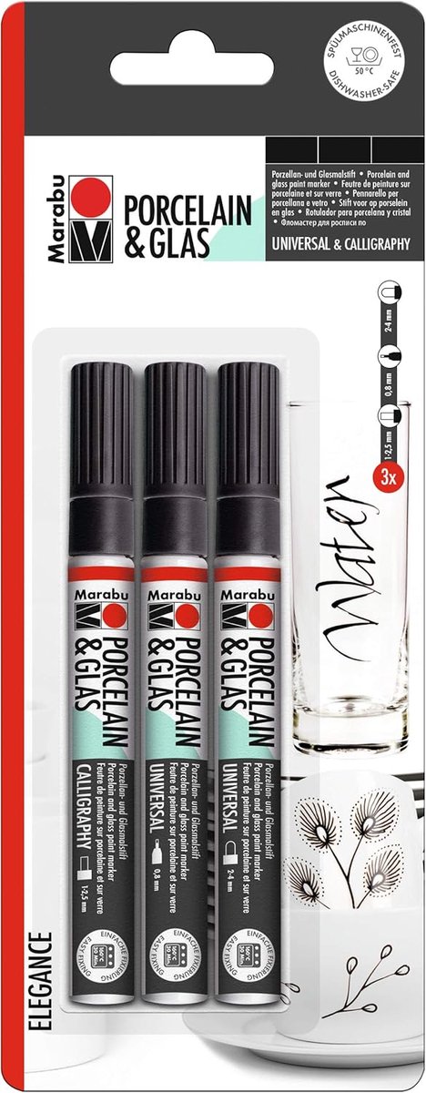 Thijox - Porselein & Glass Painter Set - 3 Zwarte Hoogglanzende Stiften voor Vaatwasmachinebestendig Creatief Schilderen op Porselein en Glas - Perfec