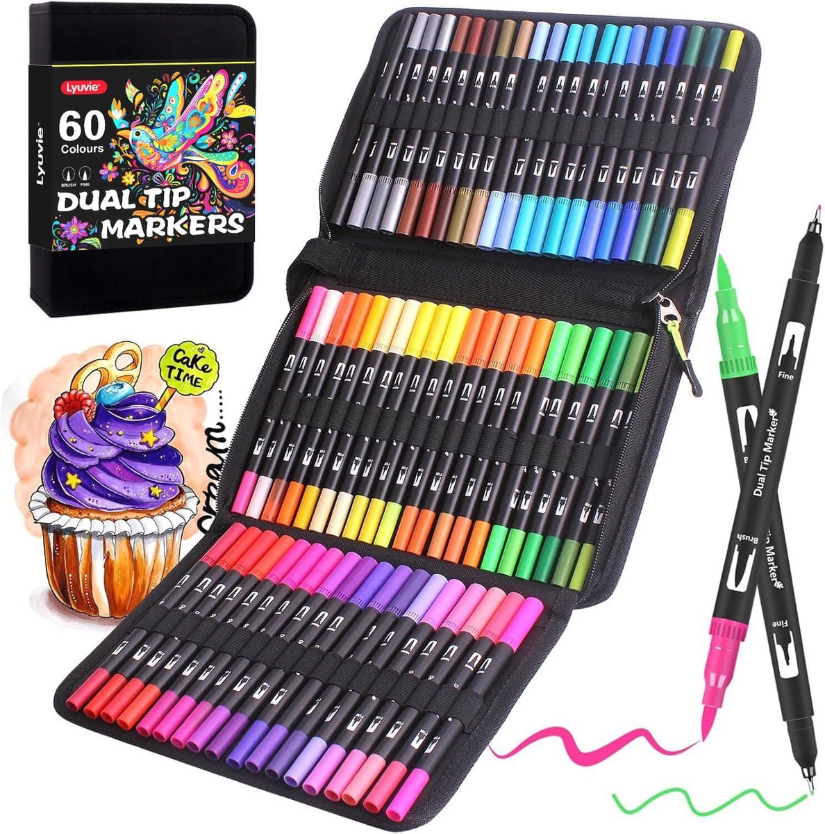 Thijox - 60 Kleurviltstiften met Waterverf voor Kinderen en Volwassenen, Dubbele Punt 2 mm en 0,4 mm, Aquarel Penseelstiften voor Tekenen, Schetsen en