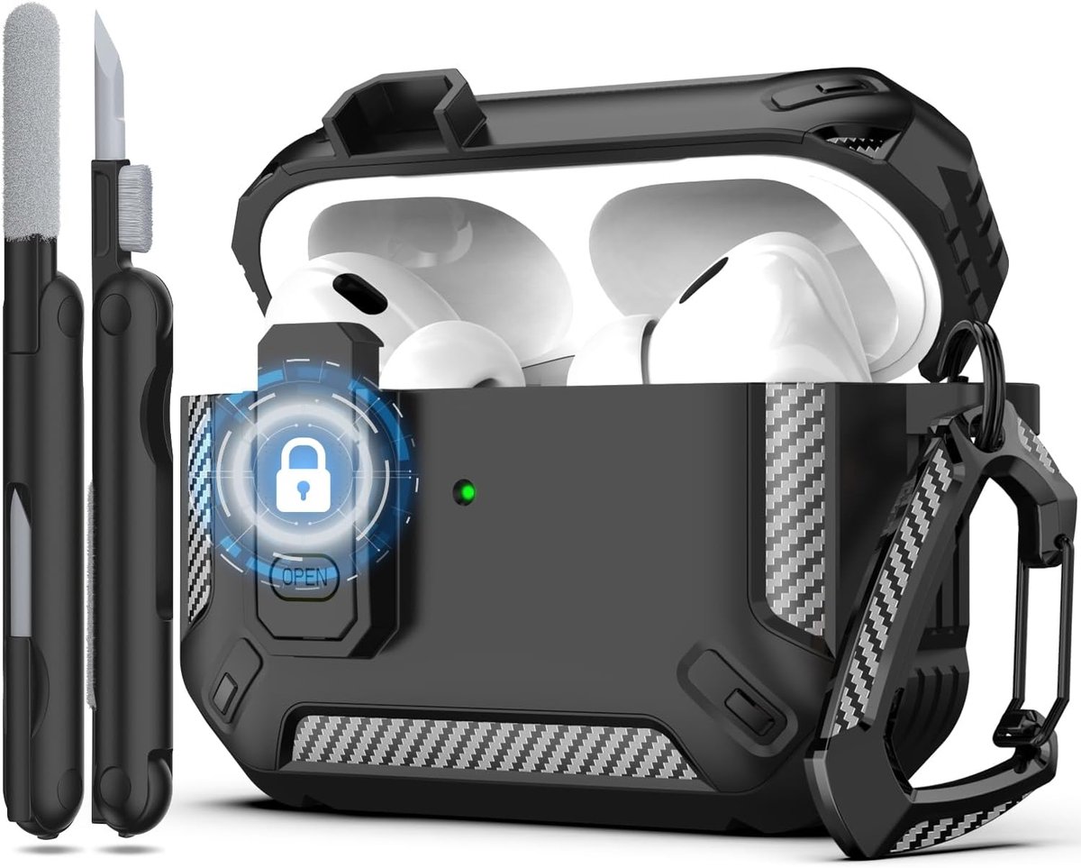 Thijox - RFUNGUANGO Compatibele AirPods Pro 2de Generatie Hoes - Militaire Hard Shell Beschermhoes met Slot voor AirPods Pro 2 Oplaadcase - Zwart, Per