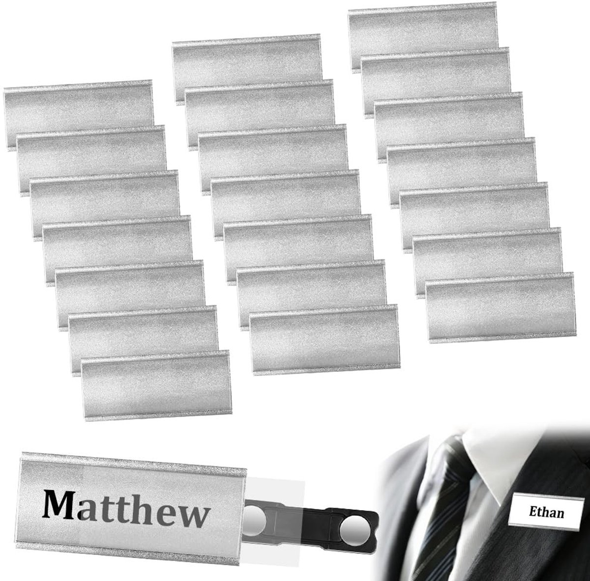 Inovra - Magnetische naambordjes voor kleding, 72 x 32 mm, magnetische naambordjes, aluminium naamplaatjes met naald, papierlade, naambordhouder voor werk, restaurant, school, 22 stuks