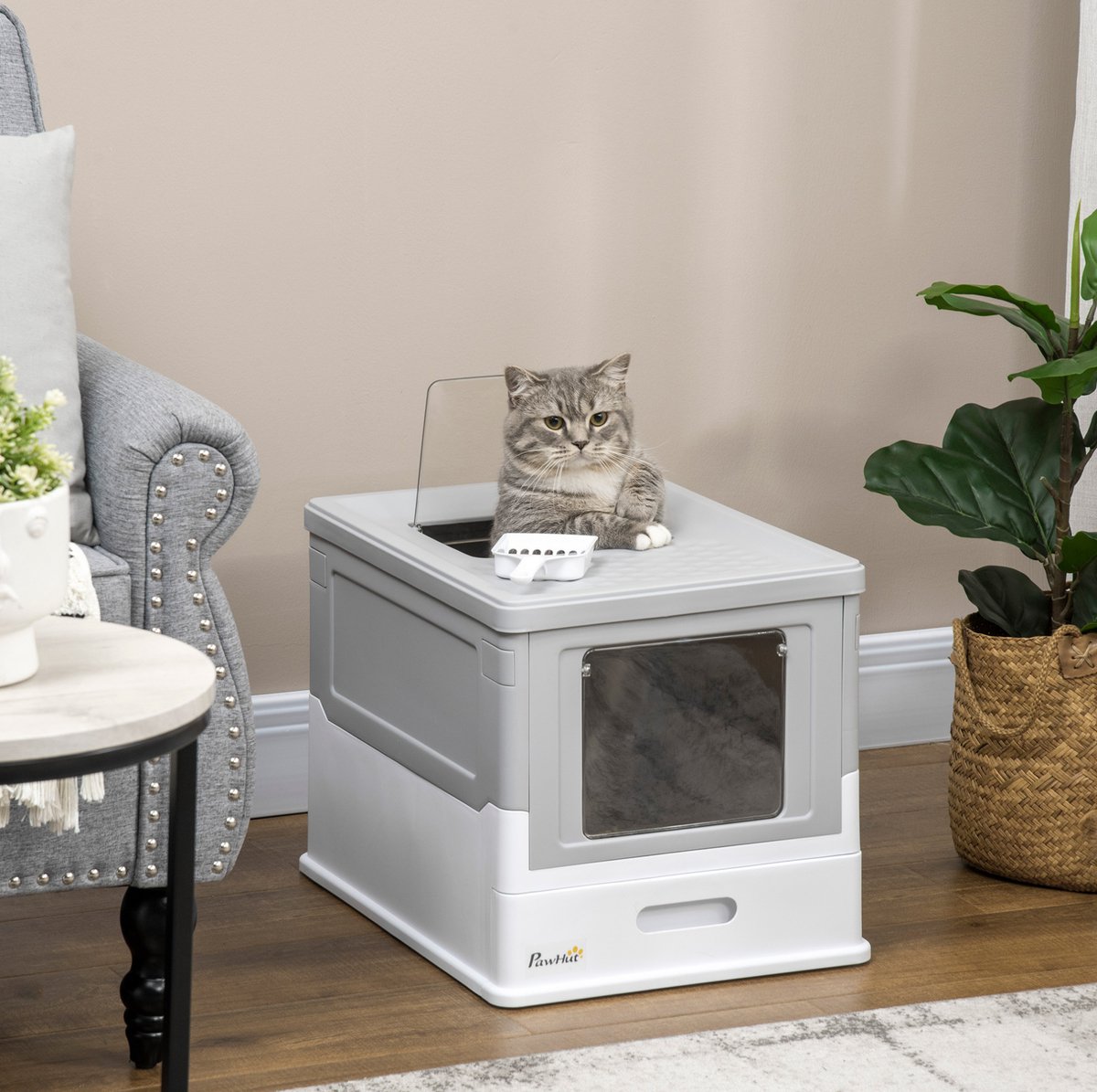 HAUSS SPOLE Kattenbak – Gesloten Ontwerp – 47,5 x 35,5 x 36,7 cm – Kunststof – Wit – Met Schep En Geurbeheersing – Voor Katten Tot 5 kg