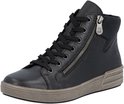 Zwarte leren hoge sneaker met rits en vetersluiting, grijze zool.