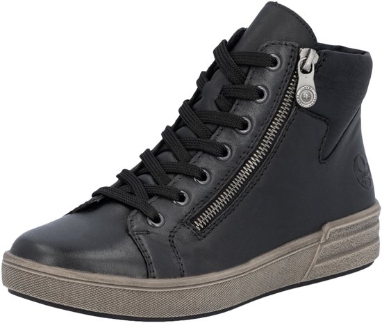 Zwarte leren hoge sneaker met rits en vetersluiting, grijze zool.