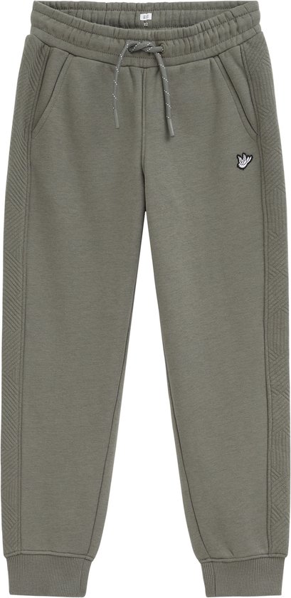 Donkergroene joggingbroek met trekkoord, elastische tailleband, zijzakken en geborduurd logo.