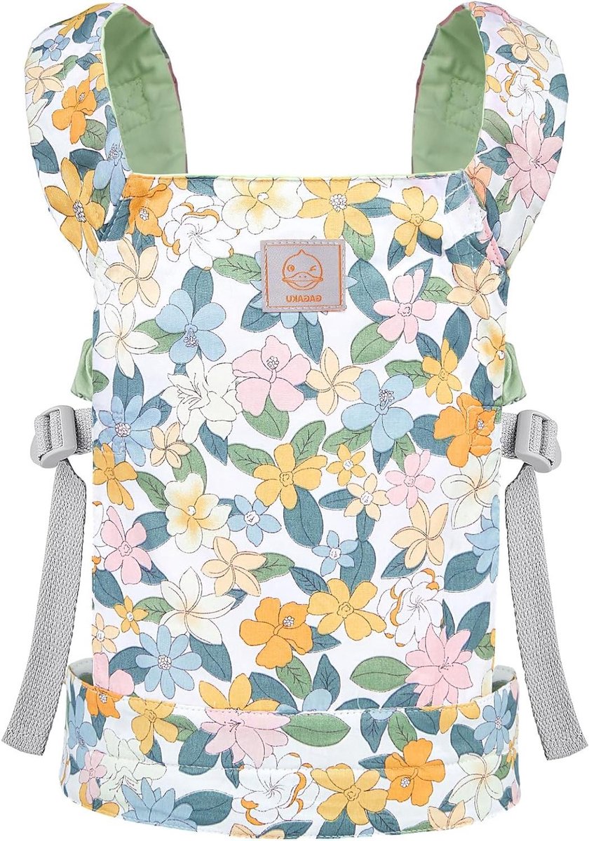 Poppendrager - Babydrager pop - Poppen verzorgen - Dubbelzijdig te dragen - 95 x 128 cm - Groen bloemenprint