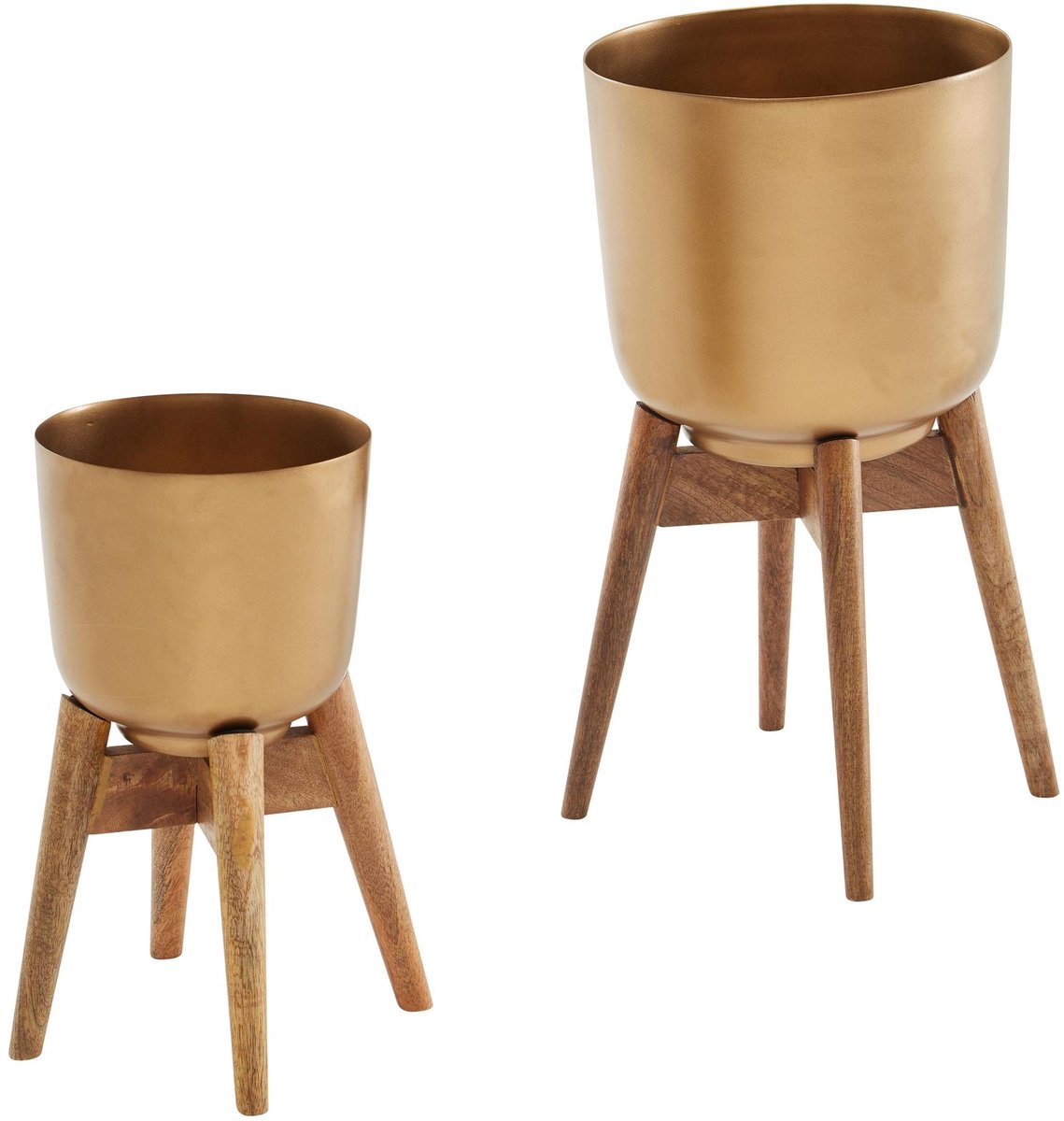 Ervesto WL6.631 Bloempot Set - 2-Delig - Metalen Plantenbakken Met Massief Houten Poten - Goud En Bruin - Design Plantenbak Rond - Binnenplanten