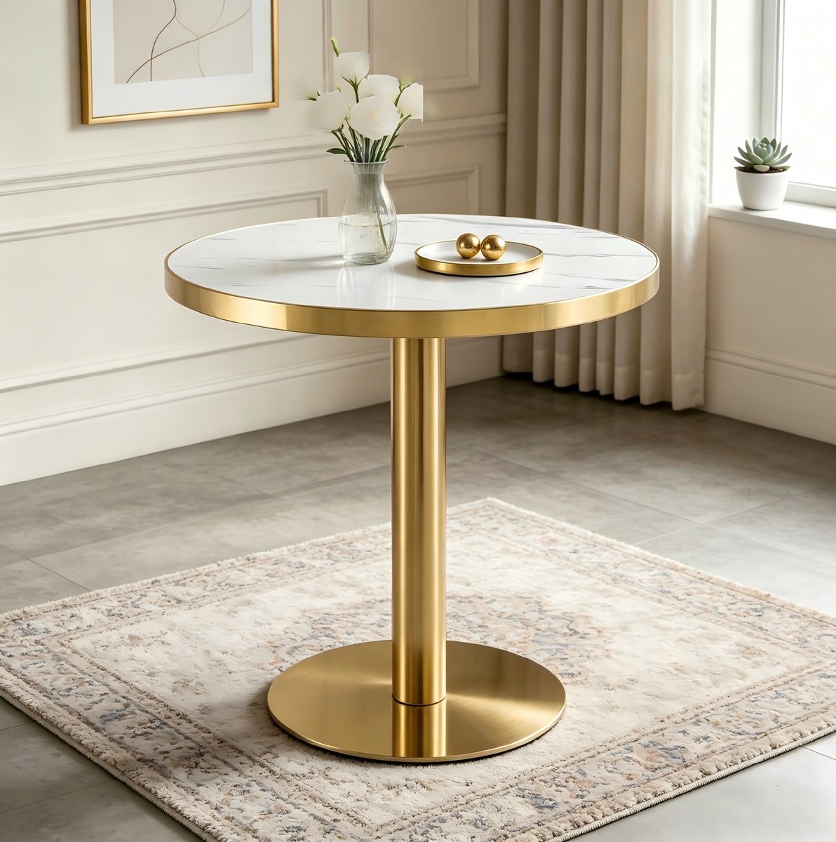 MIVRAY Bijzettafel - Ronde Tafel Met Marmerlook En Goudkleurig Onderstel - Voor Woonkamer Of Slaapkamer - MDF En RVS - 60x60x74 Cm