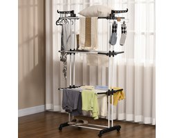 MEUNIQ Droogtoren met wielen 73 x 64 x 177 cm, 4 niveaus, inklapbare standdroger met kledinghangerhaken, vrijstaand wasrek voor balkon, badkamer of wasruimte, zwart