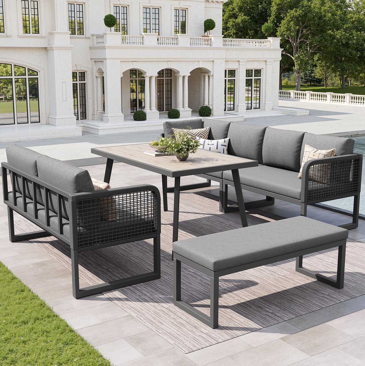 DESMIU Loungeset 242 x 182,5 x 77 cm - Modulair Met Kussens En Tafel - Voor Tuin, Terras En Balkon - PE Rattan En Metaal - Grijs